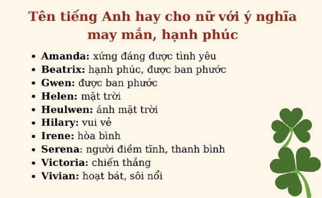 Một số tên tiếng anh hay cho nữ mang ý nghĩa may mắn